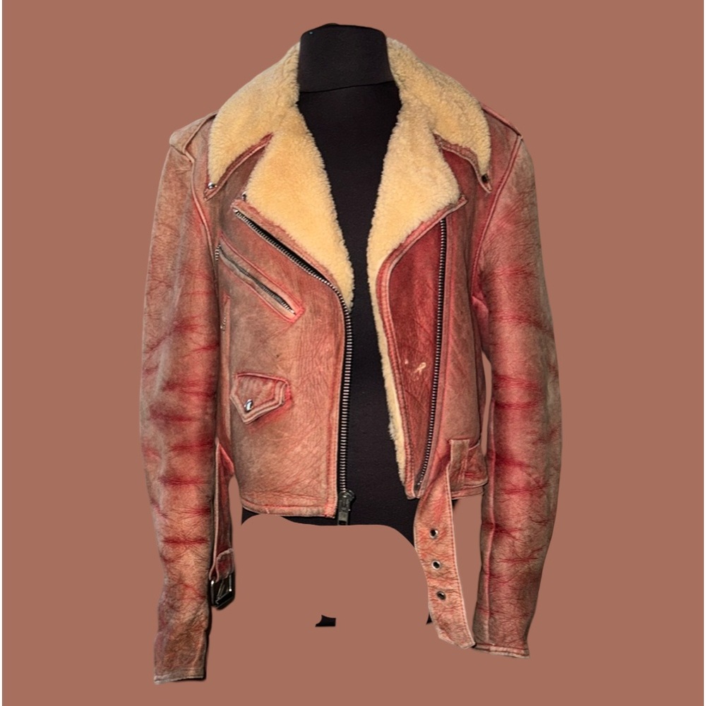 Vintage Red Leather Jacket with Shearling Collar